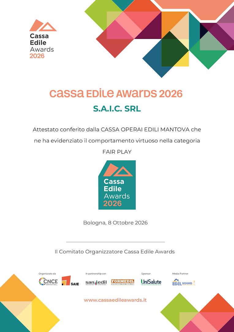 SAIC S.r.l. premiata con il Bollino Cassa Edile Awards 2026